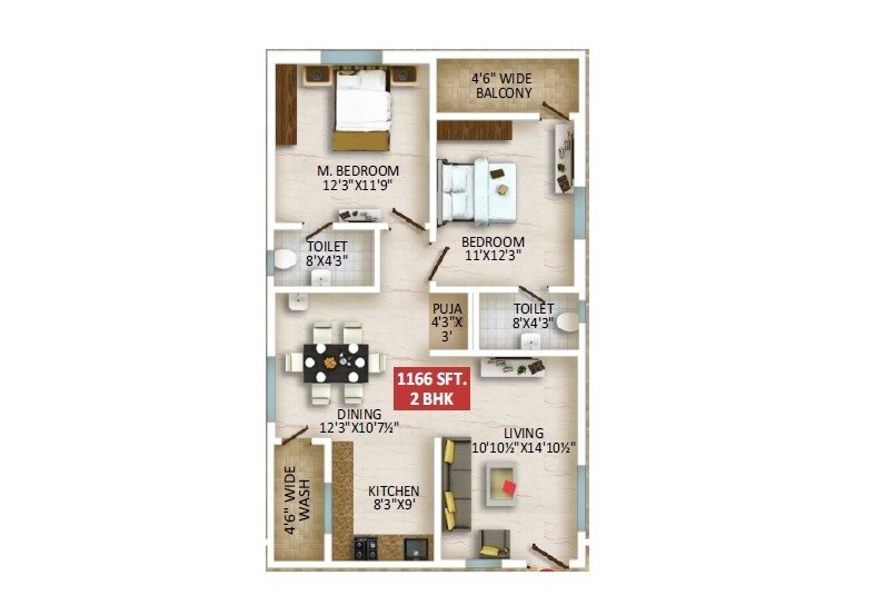 Floor plan of 2 BHK 1166 Sq. Ft. Apartment in Gothic Pangea, Hyderabad
