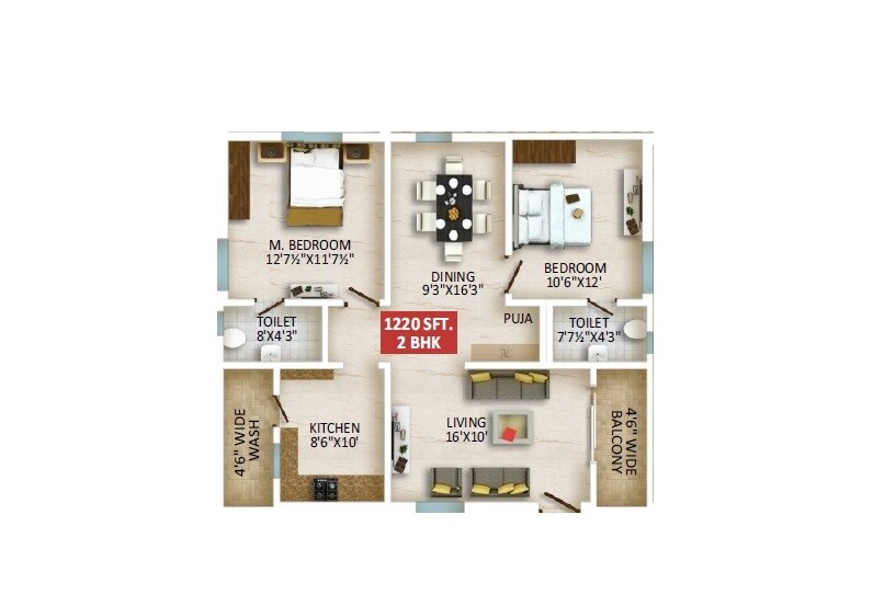Floor plan of 2 BHK 1220 Sq. Ft. Apartment in Gothic Pangea, Hyderabad