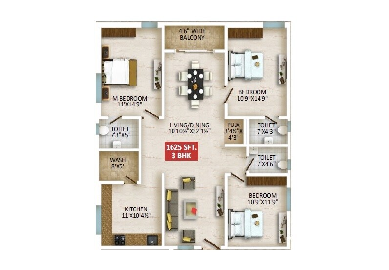 Floor plan of 3 BHK 1625 Sq. Ft. Apartment in Gothic Pangea, Hyderabad