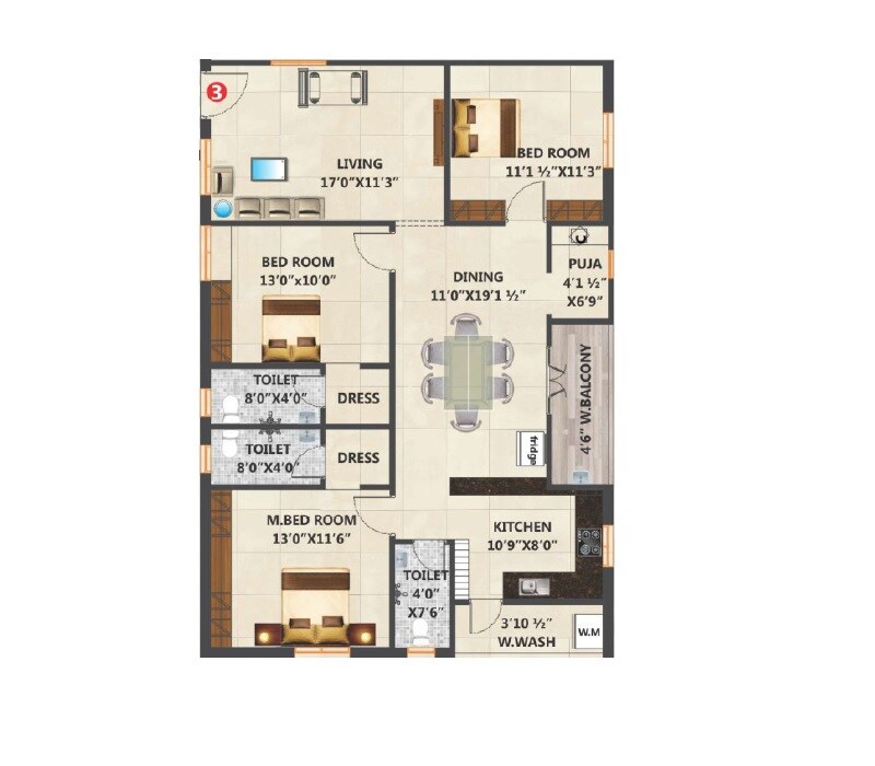 Floor plan of 3 BHK 1629 Sq. Ft. Apartment in Gottumukulas Prem Sarovar Emerald, Hyderabad