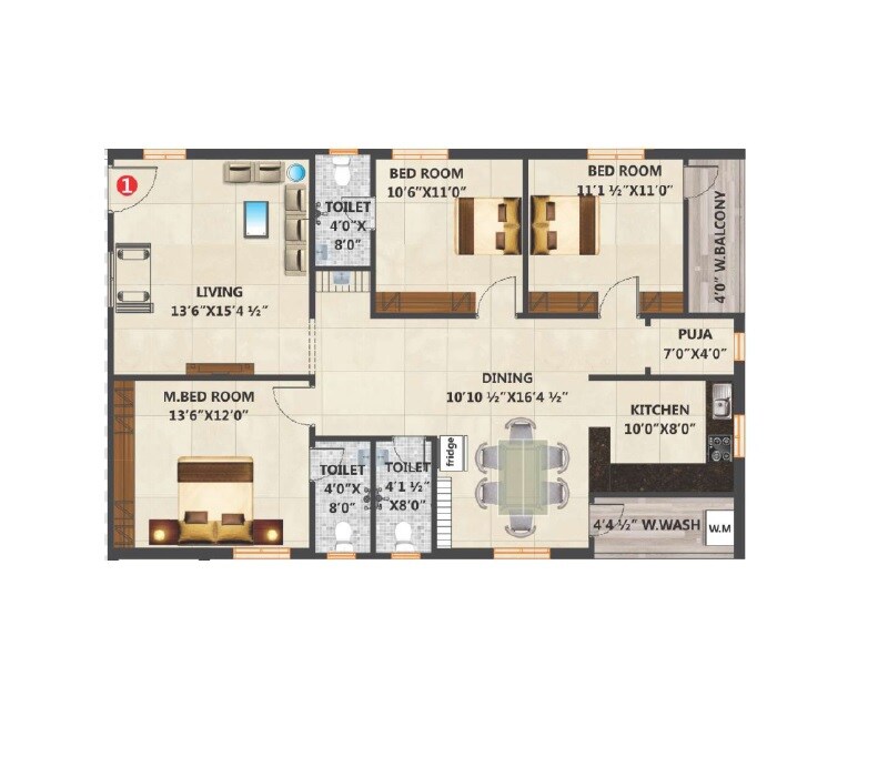 Floor plan of 3 BHK 1665 Sq. Ft. Apartment in Gottumukulas Prem Sarovar Emerald, Hyderabad