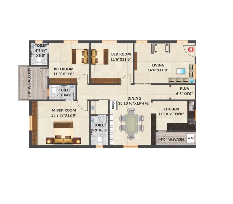 Floor plan of 3 BHK 1701 Sq. Ft. Apartment in Gottumukulas Prem Sarovar Emerald, Hyderabad