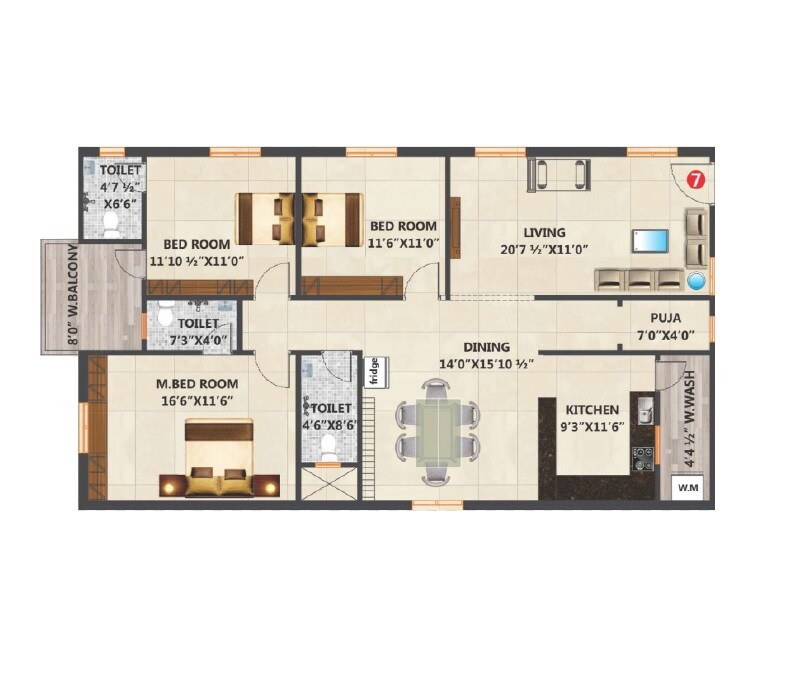 Floor plan of 3 BHK 1854 Sq. Ft. Apartment in Gottumukulas Prem Sarovar Emerald, Hyderabad