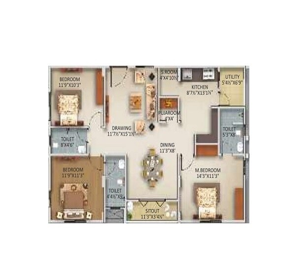Floor plan of 3 BHK Apartment - 1340 sq. ft. in Gowra Urban Winds, Hyderabad