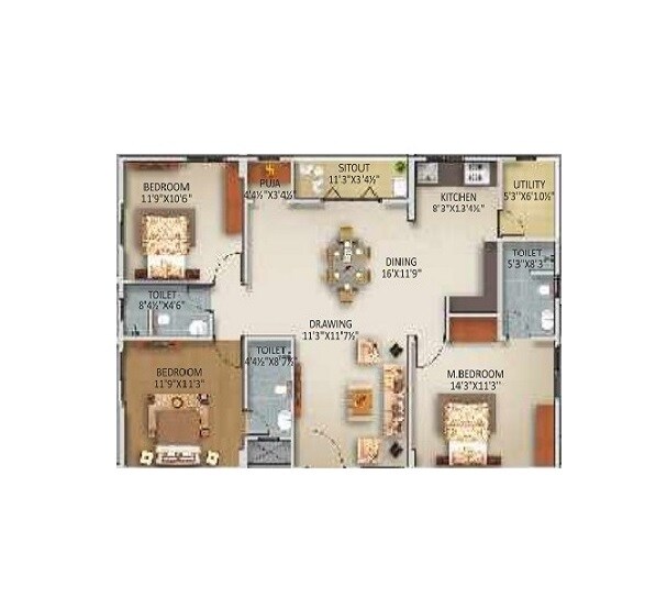 Floor plan of 3 BHK Apartment - 1624 sq. ft. in Gowra Urban Winds, Hyderabad