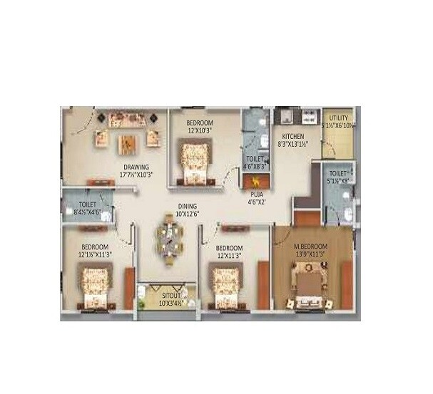 Floor plan of 4 BHK Apartment - 1760 sq. ft. in Gowra Urban Winds, Hyderabad