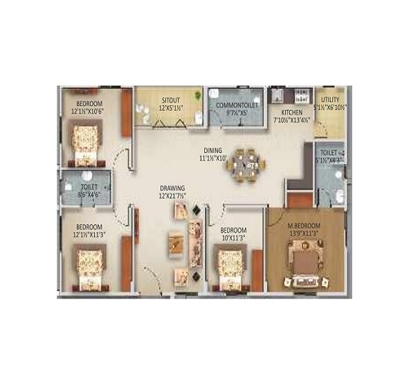 Floor plan of 4 BHK Apartment - 1775 sq. ft. in Gowra Urban Winds, Hyderabad