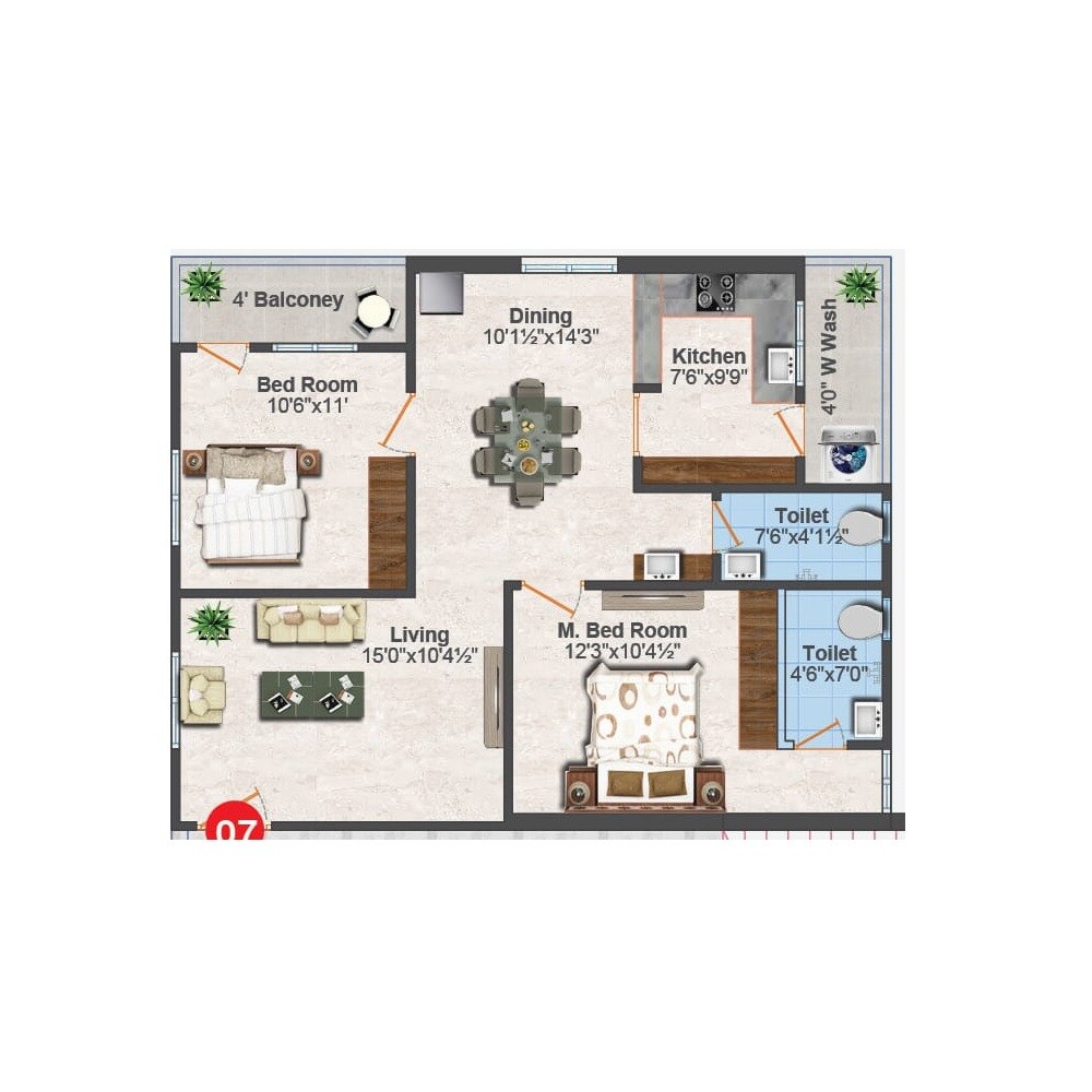 Floor plan of 2 BHK Apartment - 1100 sq. ft. in GR Mayoora, Hyderabad