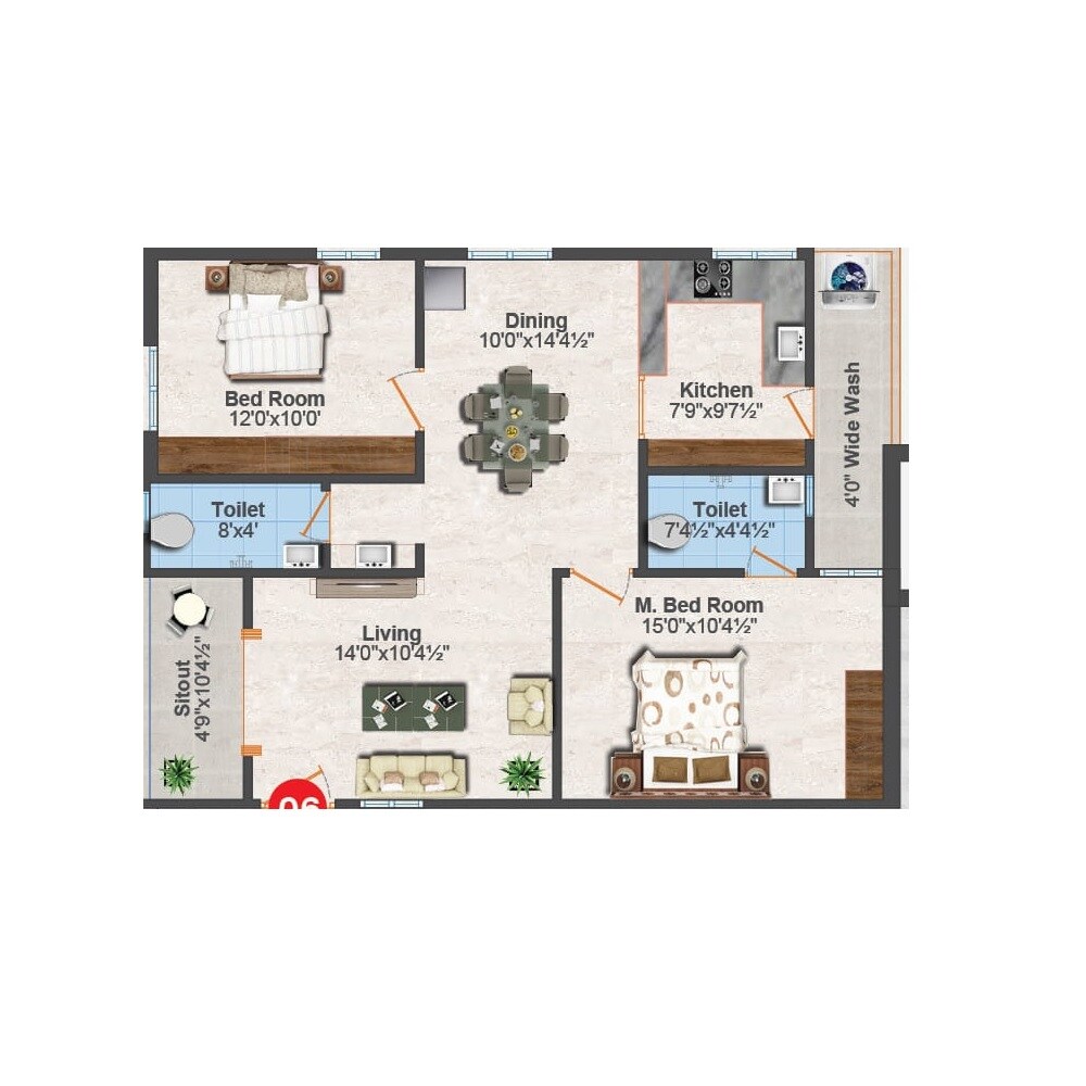 Floor plan of 2 BHK Apartment - 1155 sq. ft. in GR Mayoora, Hyderabad