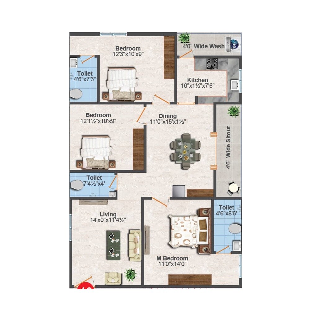 Floor plan of 3 BHK Apartment - 1500 sq. ft. in GR Mayoora, Hyderabad