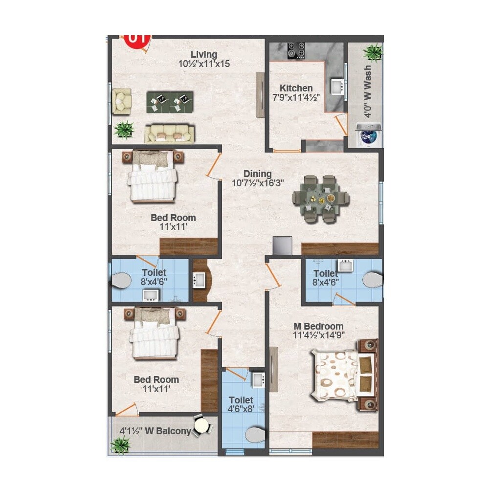 Floor plan of 3 BHK Apartment - 1565 sq. ft. in GR Mayoora, Hyderabad