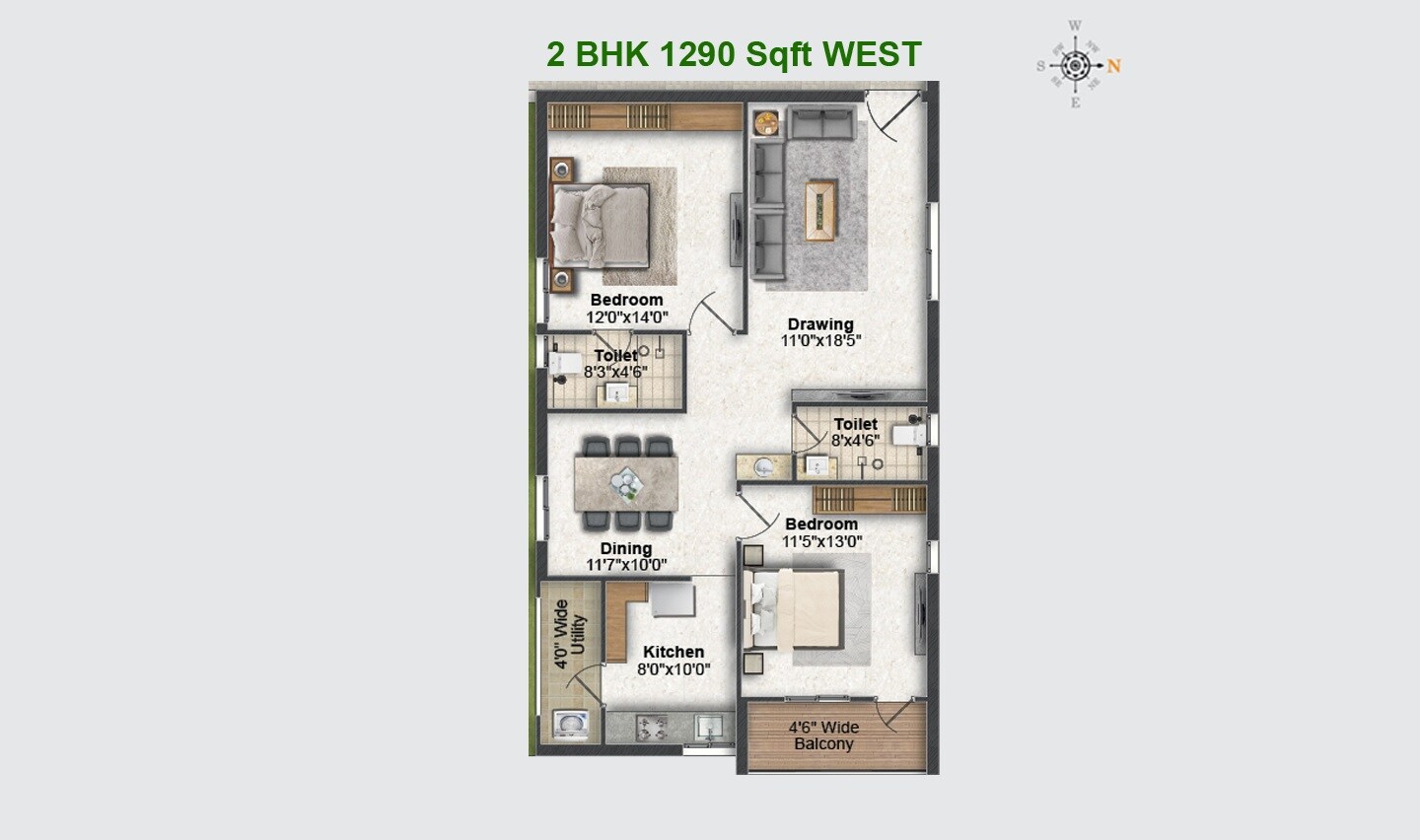 Floor plan of 2 BHK 1290 Sq. Ft. Apartment in Greater Aspen, Hyderabad