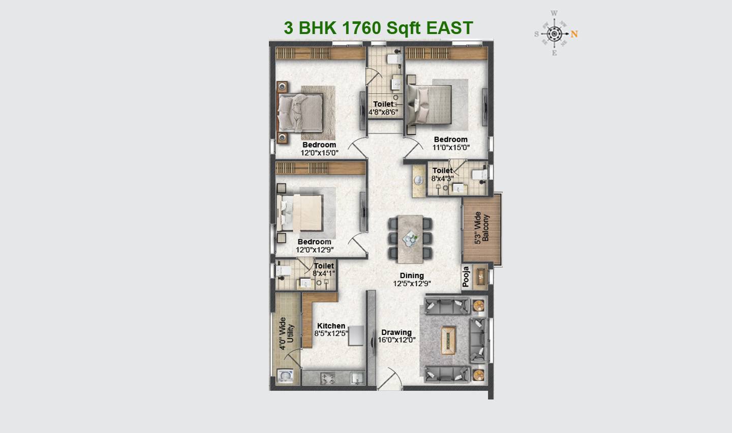 Floor plan of 3 BHK 1760 Sq. Ft. Apartment in Greater Aspen, Hyderabad