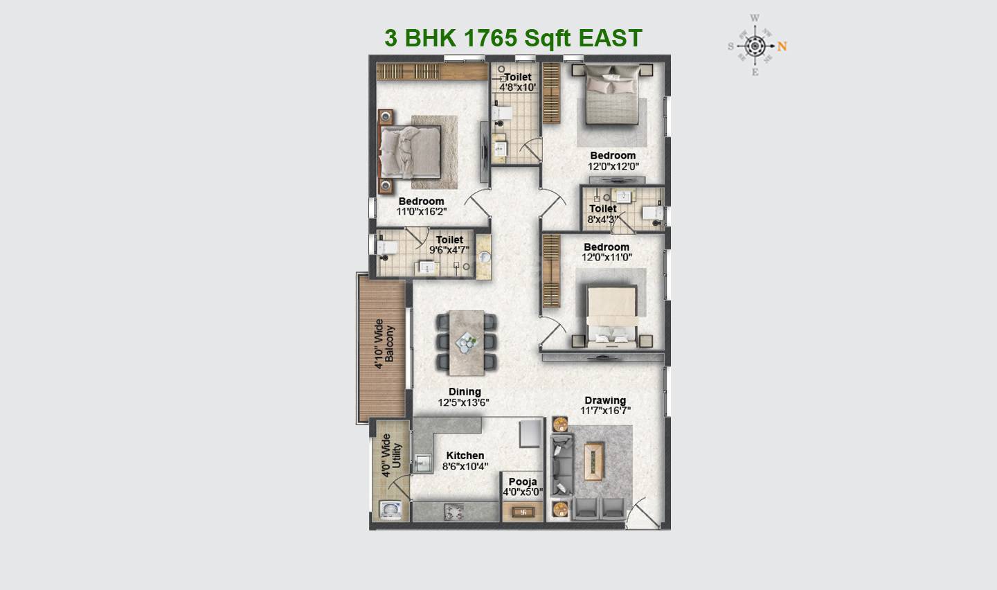 Floor plan of 3 BHK 1765 Sq. Ft. Apartment in Greater Aspen, Hyderabad