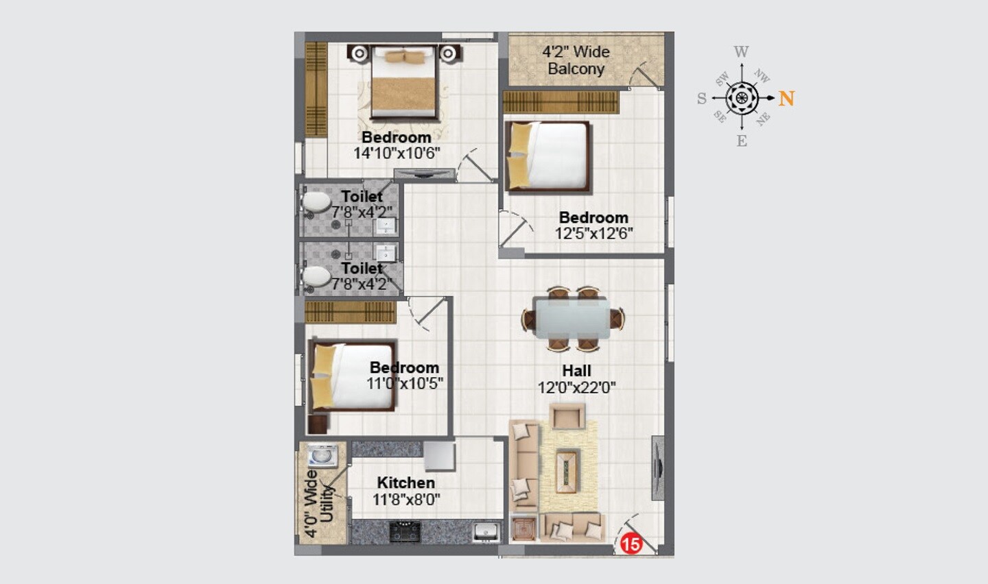 Floor plan of 3 BHK 1460 Sq. Ft. Apartment in Greater Honesty, Hyderabad