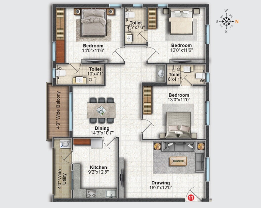 Floor plan of 3 BHK 1690 Sq. Ft. Apartment in Greater Infra Aster, Hyderabad