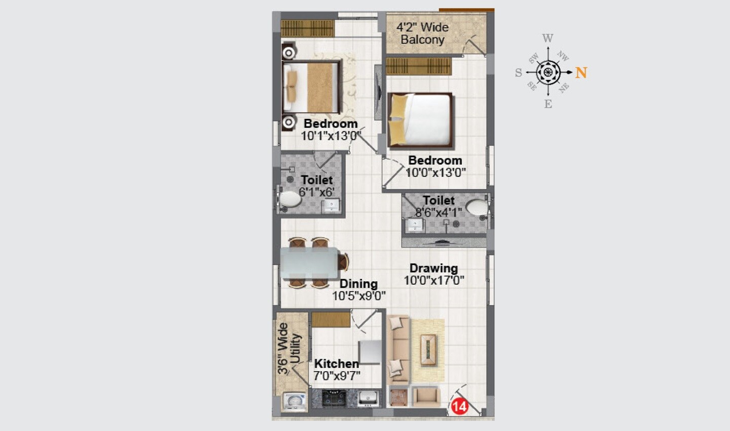 Floor plan of 2 BHK 1100 Sq. Ft. Apartment in Greater Infra Carnation, Hyderabad