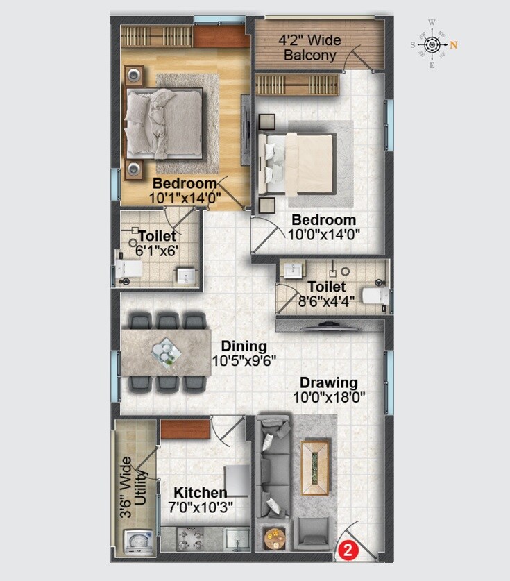 Floor plan of 2 BHK 1155 Sq. Ft. Apartment in Greater Infra Cosmos, Hyderabad