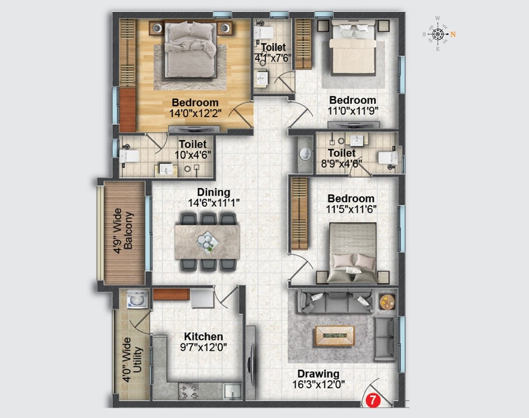 Floor plan of 3 BHK 1675 Sq. Ft. Apartment in Greater Infra Cosmos, Hyderabad