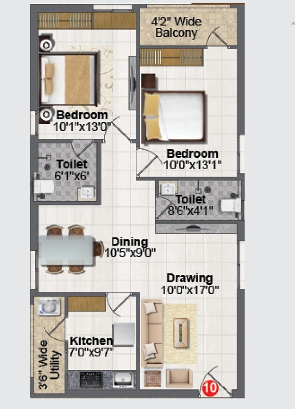 Floor plan of 2 BHK 1100 Sq. Ft. Apartment in Greater Infra Daffodil, Hyderabad