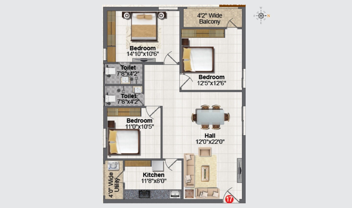 Floor plan of 3 BHK 1460 Sq. Ft. Apartment in Greater Infra Daffodil, Hyderabad