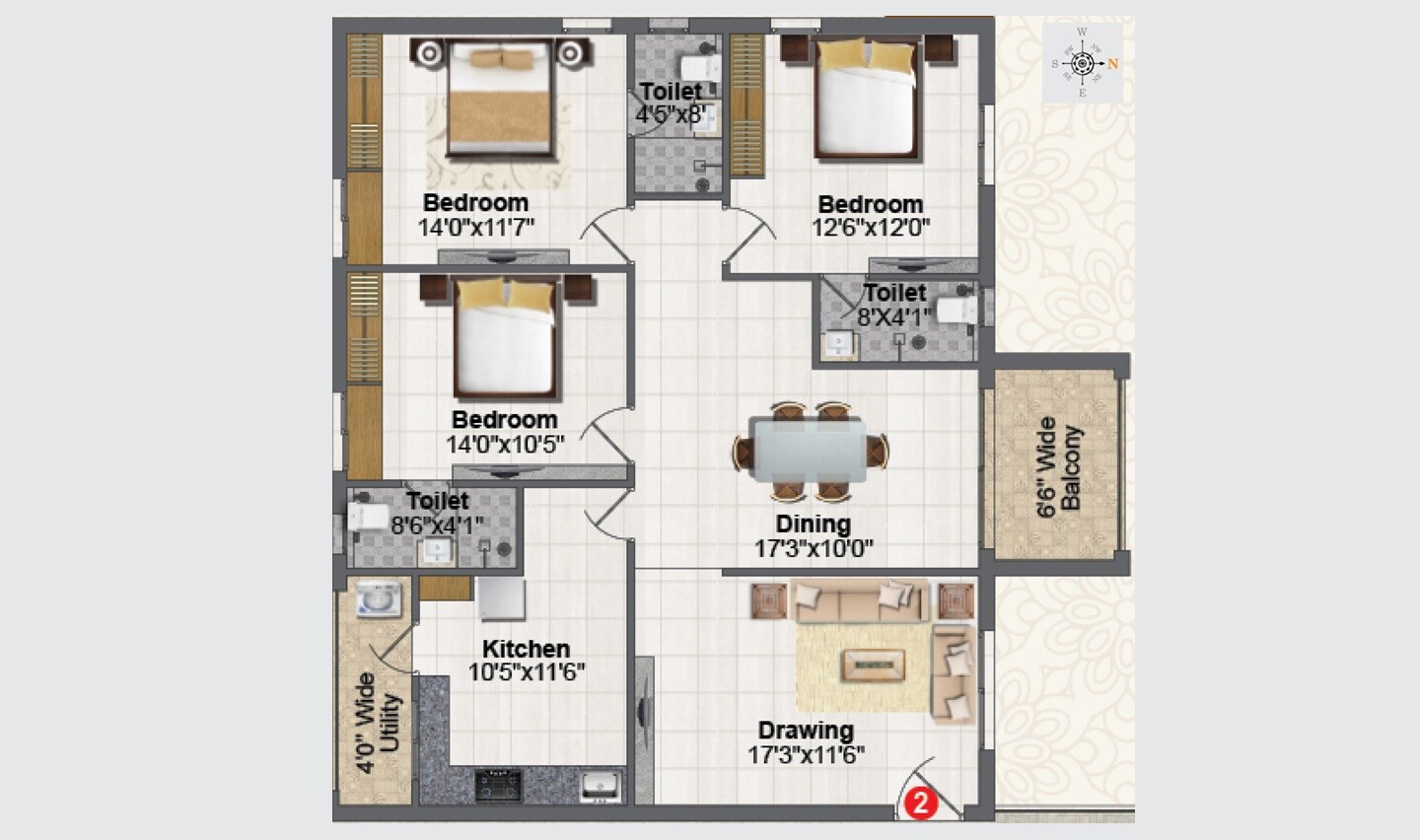 Floor plan of 3 BHK 1750 Sq. Ft. Apartment in Greater Infra Daffodil, Hyderabad
