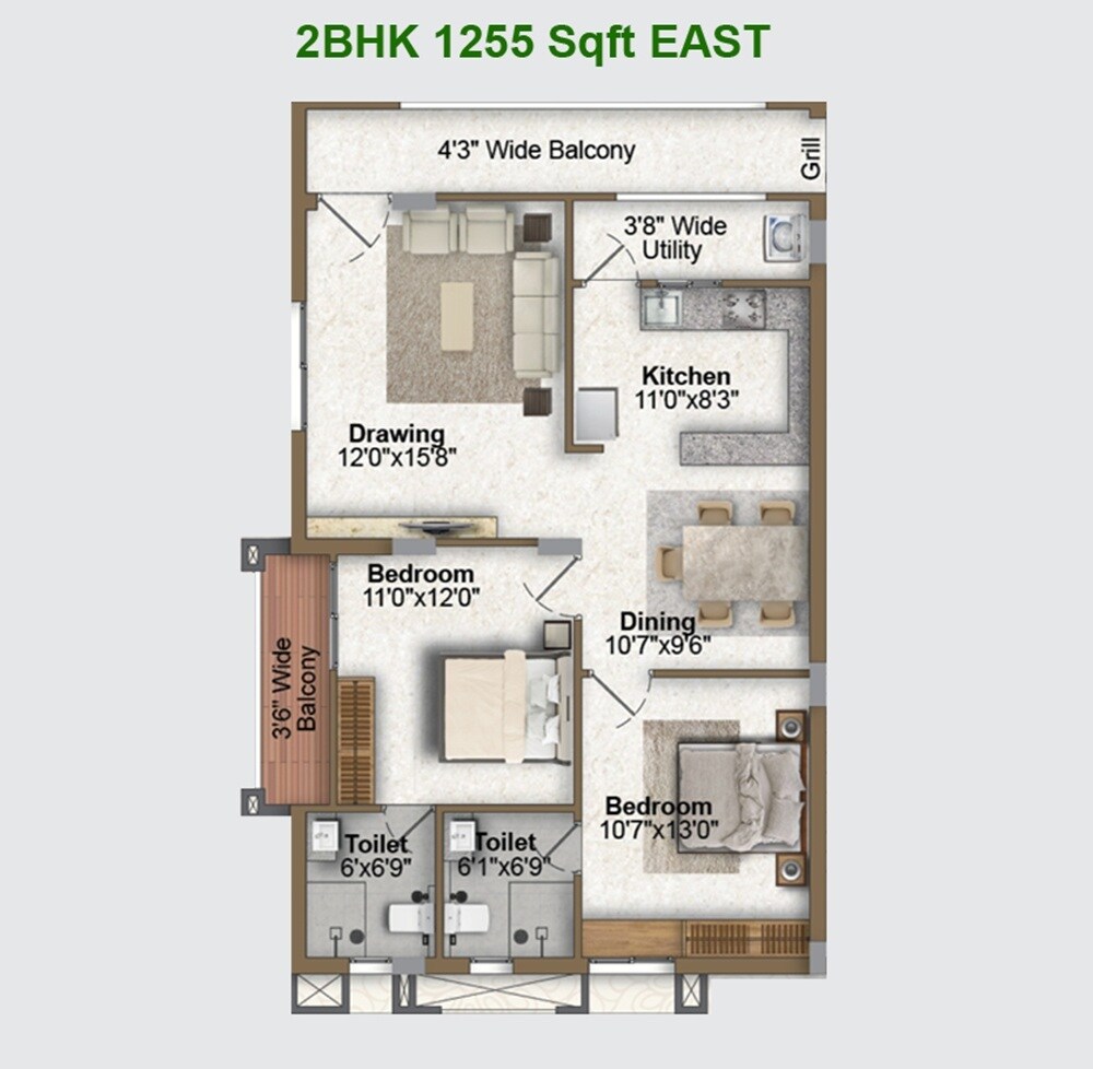 2 BHK 1255 Sq. Ft. Apartment