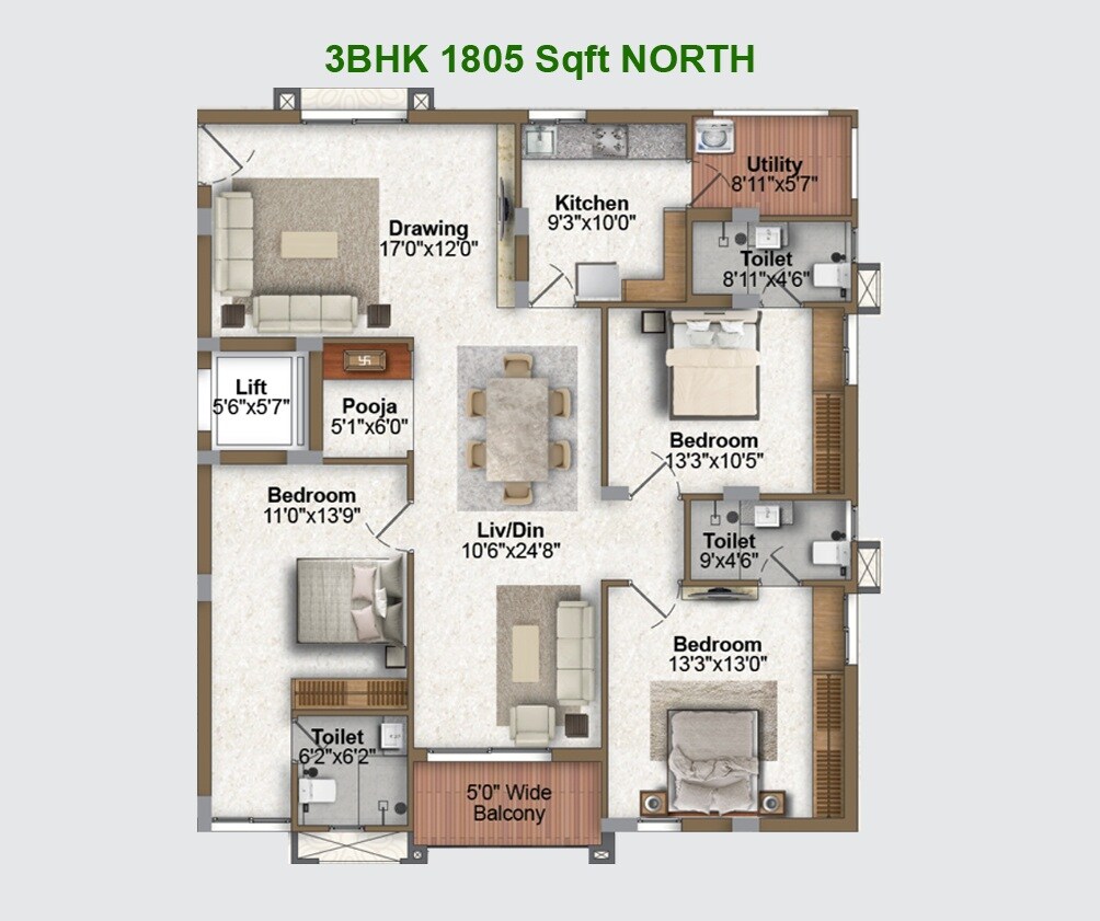 3 BHK 1805 Sq. Ft. Apartment
