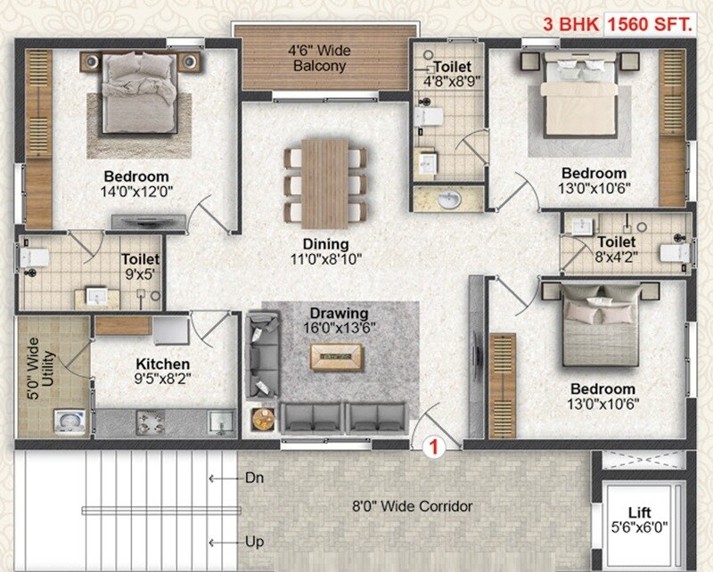 3 BHK 1560 Sq. Ft. Apartment