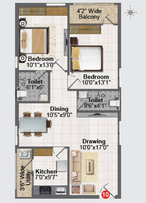 Floor plan of 2 BHK 1100 Sq. Ft. Apartment in Greater Infra Jasmine, Hyderabad