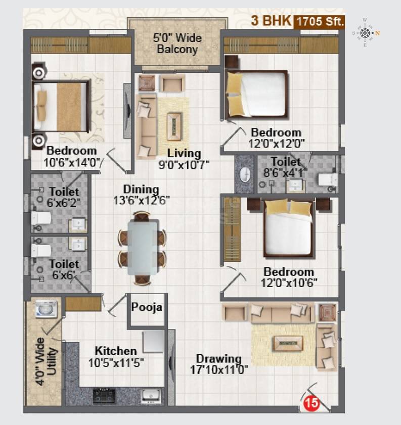 Floor plan of 3 BHK 1705 Sq. Ft. Apartment in Greater Infra Jasmine, Hyderabad