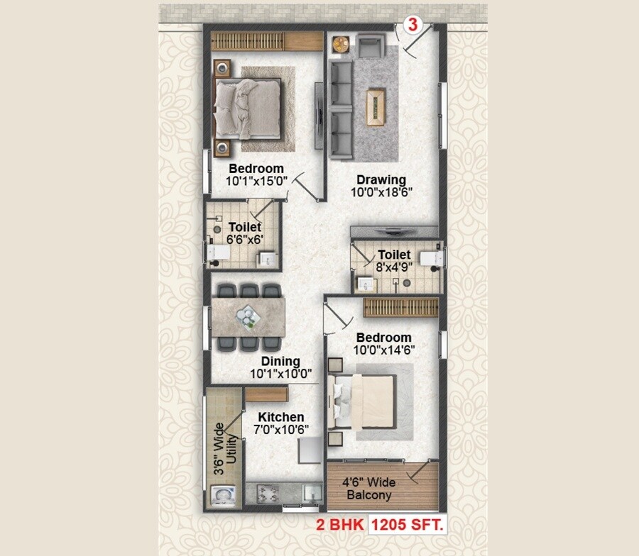 Floor plan of 2 BHK 1205 Sq. Ft. Apartment in Greater Infra Lotus, Hyderabad