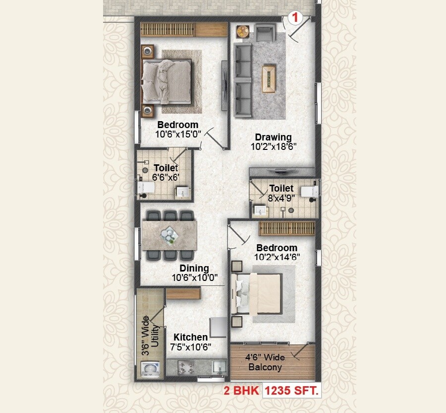 Floor plan of 2 BHK 1235 Sq. Ft. Apartment in Greater Infra Lotus, Hyderabad