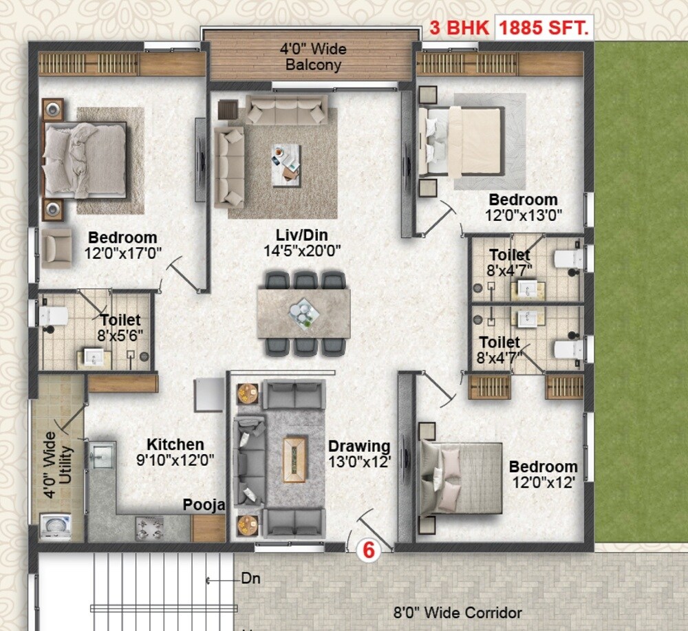 Floor plan of 3 BHK 1885 Sq. Ft. Apartment in Greater Infra Lotus, Hyderabad