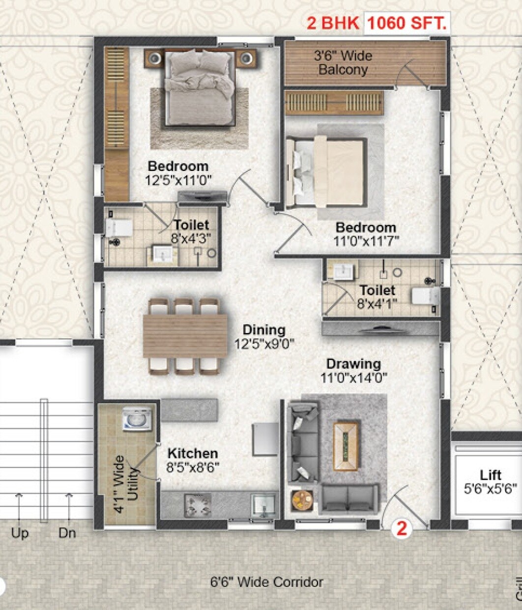 Floor plan of 2 BHK 1060 Sq. Ft. Apartment in Greater Infra Mayflower, Hyderabad