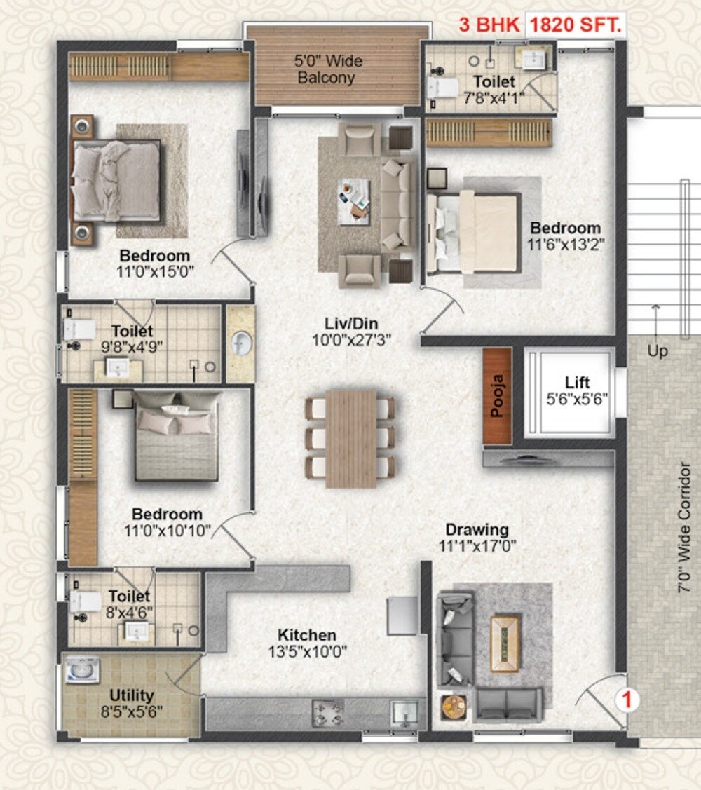 Floor plan of 2 BHK 1820 Sq. Ft. Apartment in Greater Infras Marigold, Hyderabad