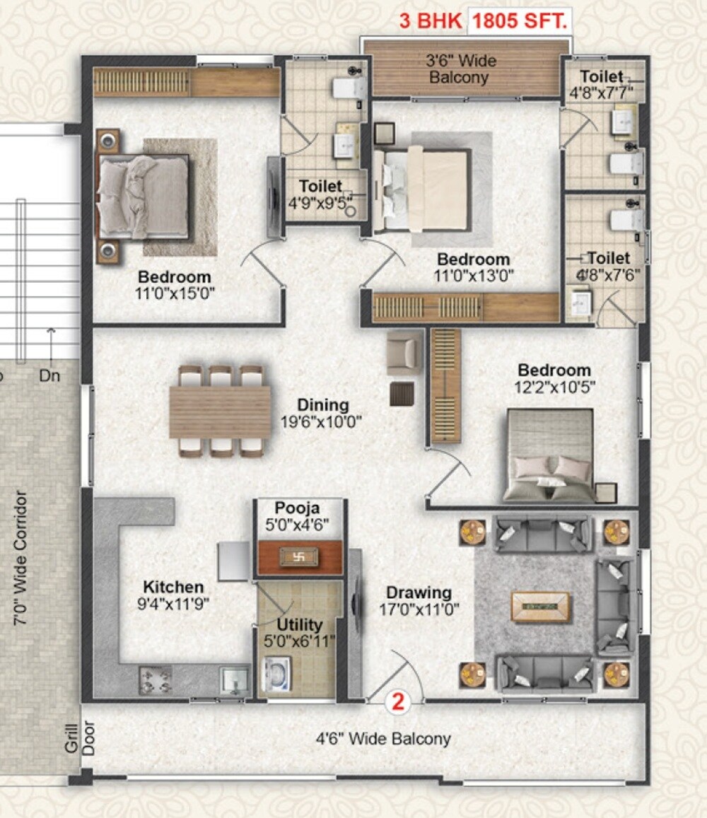 Floor plan of 3 BHK 1805 Sq. Ft. Apartment in Greater Infras Marigold, Hyderabad
