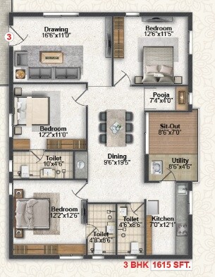 Floor plan of 3 BHK 1615 Sq. Ft. Apartment in Greater Iris, Hyderabad