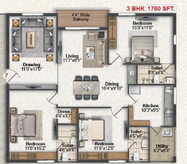 3 BHK 1760 Sq. Ft. Apartment