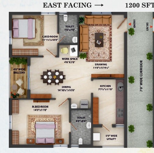 Floor plan of 2 BHK 1200 Sq. Ft. Apartment in Green Kadamba Forest, Hyderabad