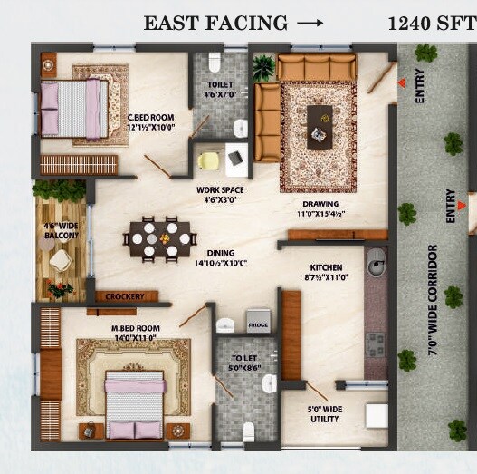 Floor plan of 2 BHK 1240 Sq. Ft. Apartment in Green Kadamba Forest, Hyderabad