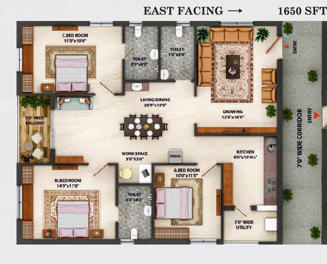 Floor plan of 3 BHK 1650 Sq. Ft. Apartment in Green Kadamba Forest, Hyderabad