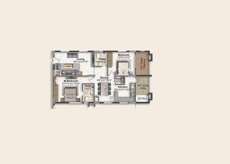 Floor plan of 2 BHK 1185 Sq. Ft. Apartment in Green Leaves Aura, Hyderabad