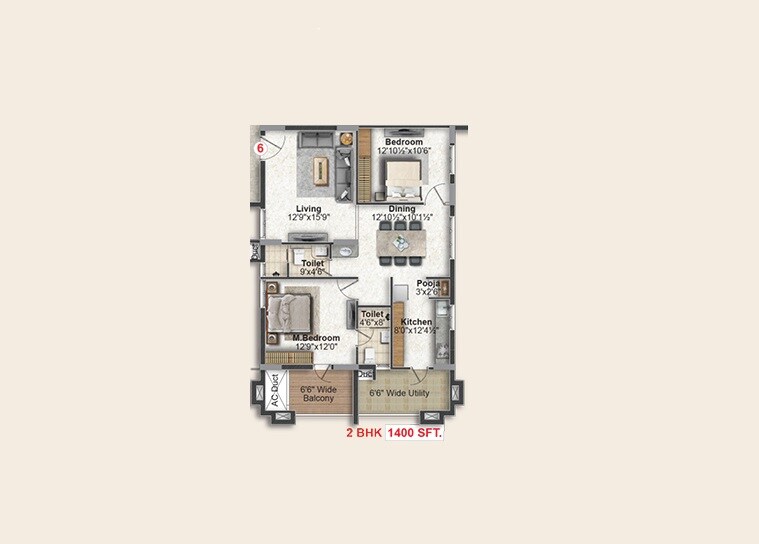 Floor plan of 2 BHK 1400 Sq. Ft. Apartment in Green Leaves Aura, Hyderabad