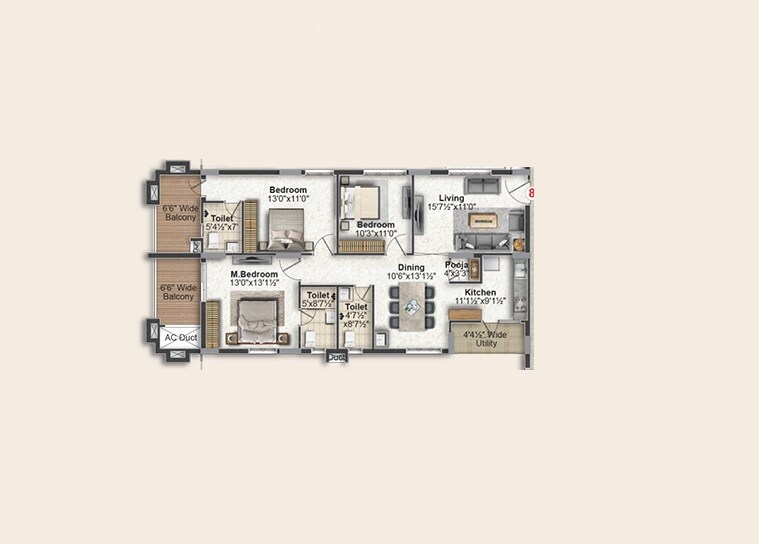 Floor plan of 3 BHK 1480 Sq. Ft. Apartment in Green Leaves Aura, Hyderabad