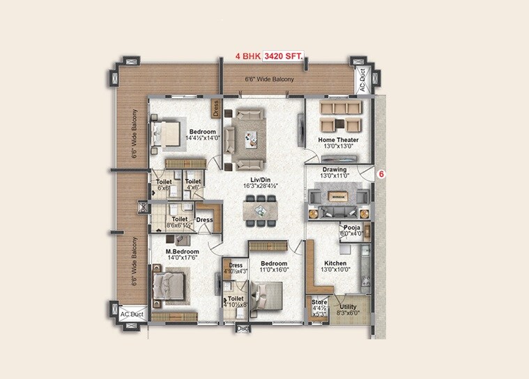Floor plan of 4 BHK 3420 Sq. Ft. Apartment in Green Leaves Aura, Hyderabad