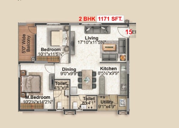 Floor plan of 2 BHK 1171 Sq. Ft. Apartment in Green Leaves Srikara, Hyderabad