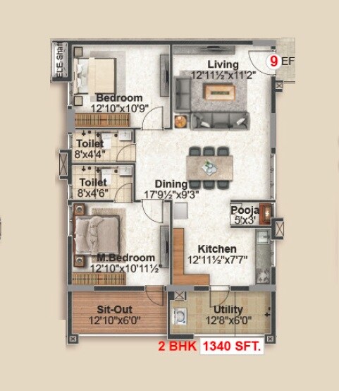 Floor plan of 2 BHK 1340 Sq. Ft. Apartment in Green Leaves Srikara, Hyderabad