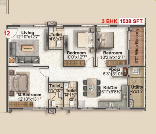 Floor plan of 3 BHK 1538 Sq. Ft. Apartment in Green Leaves Srikara, Hyderabad