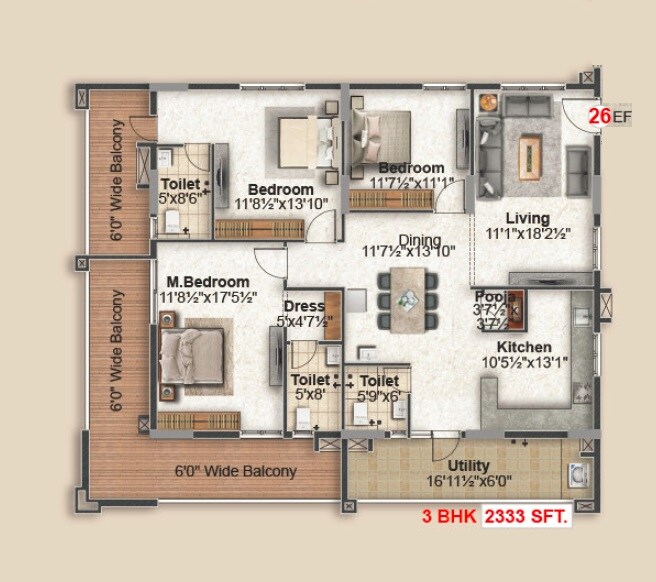 Floor plan of 3 BHK 2333 Sq. Ft. Apartment in Green Leaves Srikara, Hyderabad